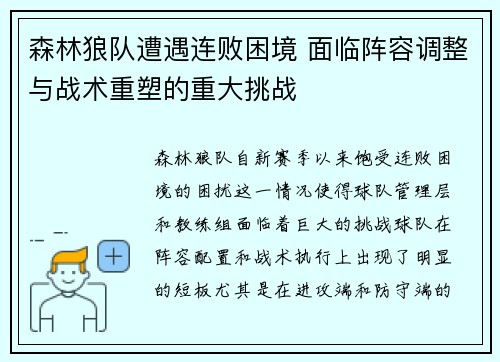 森林狼队遭遇连败困境 面临阵容调整与战术重塑的重大挑战