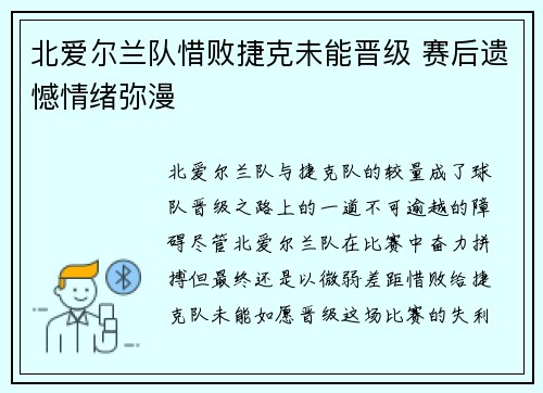北爱尔兰队惜败捷克未能晋级 赛后遗憾情绪弥漫