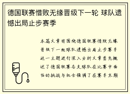 德国联赛惜败无缘晋级下一轮 球队遗憾出局止步赛季