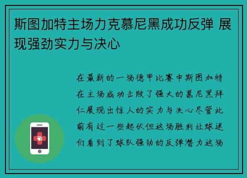 斯图加特主场力克慕尼黑成功反弹 展现强劲实力与决心