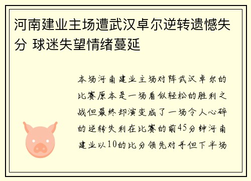 河南建业主场遭武汉卓尔逆转遗憾失分 球迷失望情绪蔓延