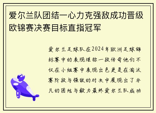 爱尔兰队团结一心力克强敌成功晋级欧锦赛决赛目标直指冠军