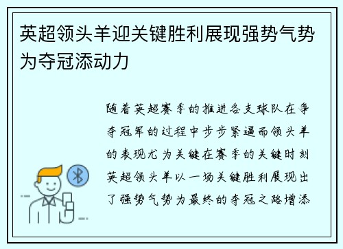 英超领头羊迎关键胜利展现强势气势为夺冠添动力